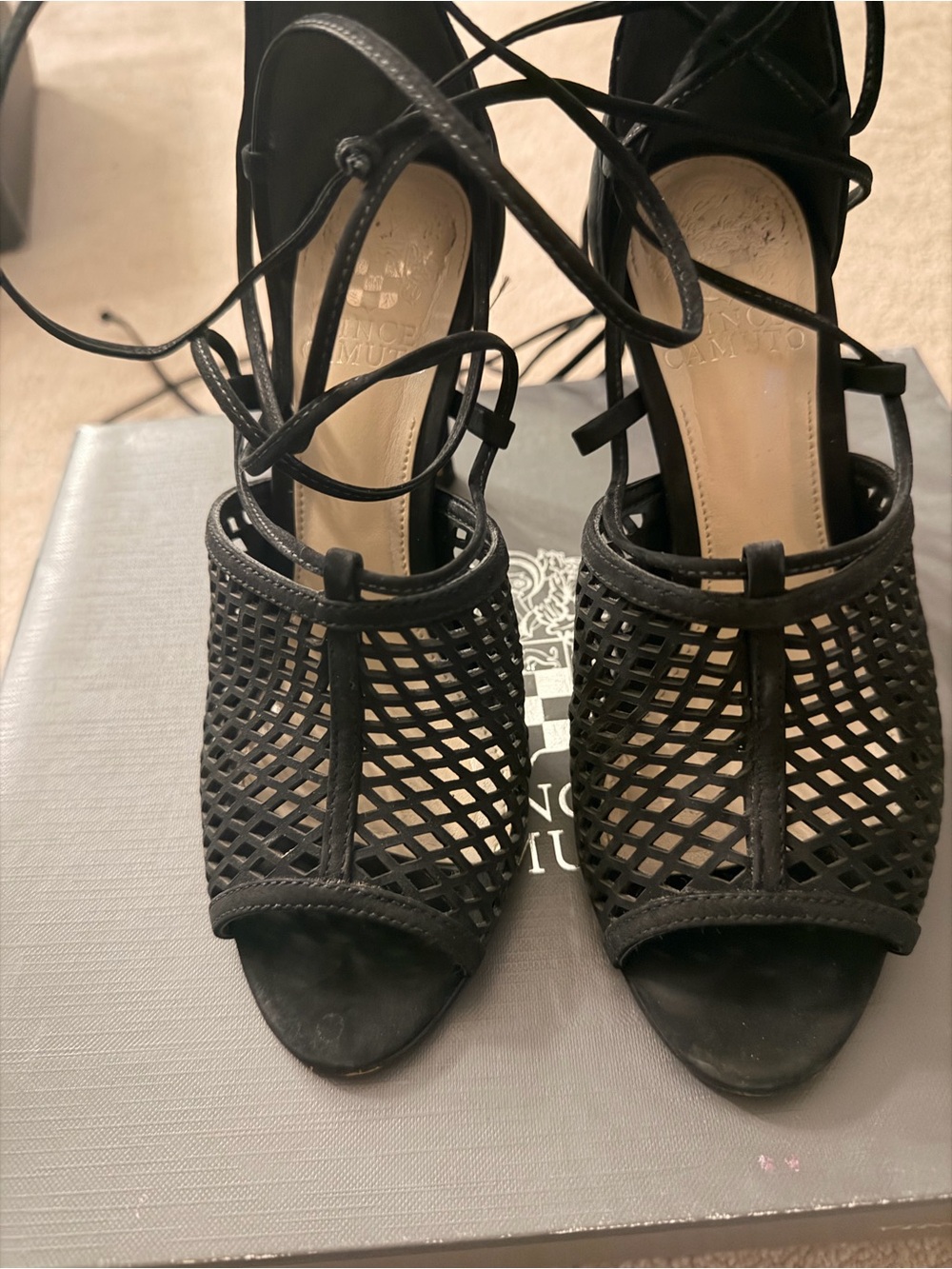 Vince Camuto Black Open-Toe Lace-Up Heels